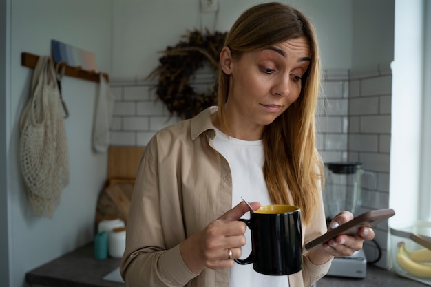 Uśmiechnięta kobieta trzymająca smartfon średni strzał