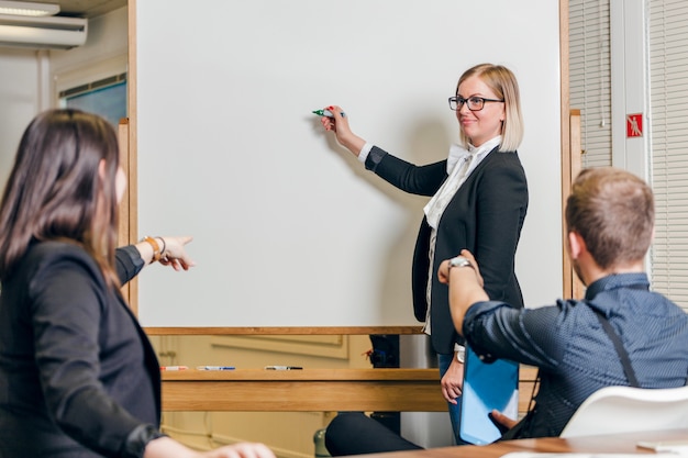 Uśmiechnięta kobieta wskazując na marker na pokładzie