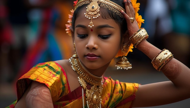 Uśmiechnięta młoda kobieta w eleganckim kolorowym sari generowanym przez sztuczną inteligencję