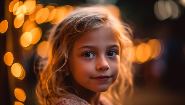 Uśmiechnięta śliczna dziewczyna ciesząca się lampkami świątecznymi na zewnątrz wygenerowana przez sztuczną inteligencję