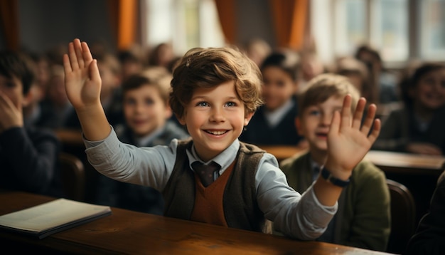Uśmiechnięte dzieci uczące się w klasie ze szczęściem i skupieniem generowanym przez sztuczną inteligencję