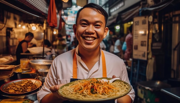 Uśmiechnięty dorosły szef kuchni gotujący dania kuchni azjatyckiej wygenerowane przez sztuczną inteligencję