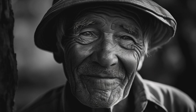 Uśmiechnięty starszy mężczyzna w tradycyjnej odzieży na zewnątrz wygenerowany przez sztuczną inteligencję