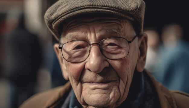 Uśmiechnięty starszy mężczyzna z siwymi włosami na zewnątrz wygenerowany przez AI