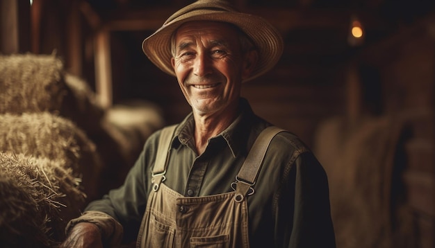 Uśmiechnięty starszy rolnik trzymający ekologiczne zwierzęta gospodarskie na zewnątrz wygenerowany przez sztuczną inteligencję