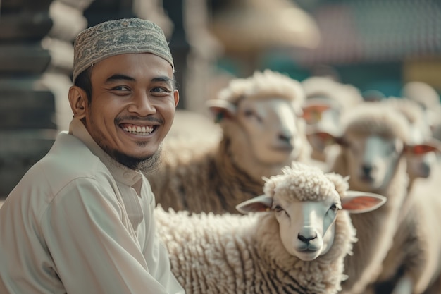 Bezpłatne zdjęcie view of photorealistic muslim people with animals prepared for the eid al-adha offering