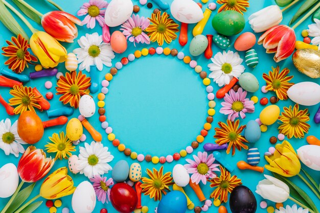 Vivid spring arrangement on blue