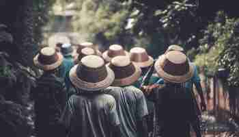 Bezpłatne zdjęcie w kolejce idzie grupa ludzi w słomkowych kapeluszach.