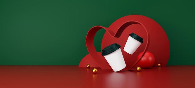 Walentynki koncepcja biała filiżanka kawy na zielonym i czerwonym tle ilustracja 3d
