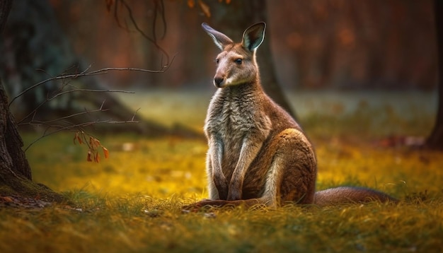 Bezpłatne zdjęcie wallaby siedzący na jesiennej łące wyglądający na alert wygenerowany przez ai