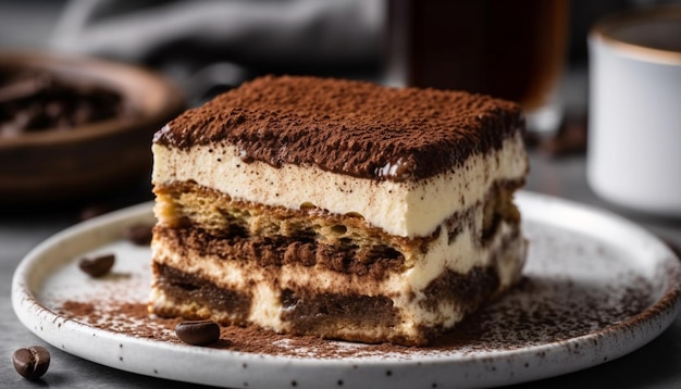 Warstwowe czekoladowe ciasto tiramisu z kremem mascarpone wygenerowane przez AI