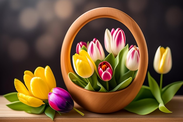 Wazon z tulipanami z żółtymi i różowymi kwiatami w środku.