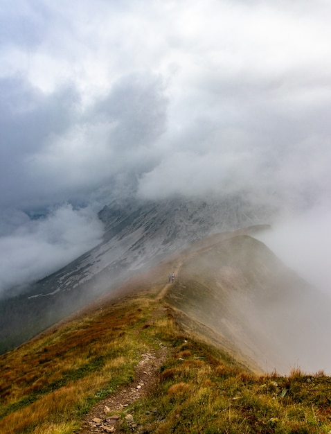 Wędrowcy wspinający się górskim szlakiem w góry Styrii w Austrii, szlak turystyczny, sport, mglisty mou