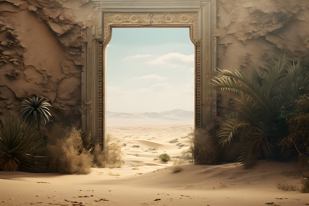 Wejście lub drzwi w stylu fantasy z pustynnym krajobrazem.