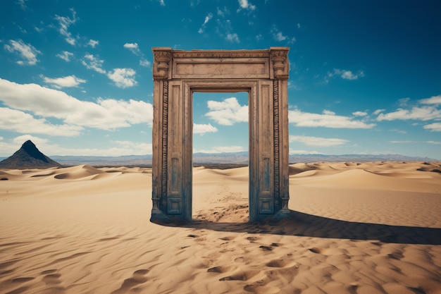 Bezpłatne zdjęcie wejście lub drzwi w stylu fantasy z pustynnym krajobrazem.