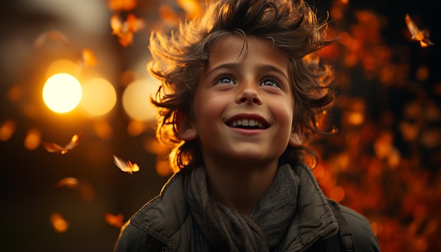 Bezpłatne zdjęcie wesołe dziecko cieszy się jesienią na świeżym powietrzu, otoczone przez naturę generowaną przez sztuczną inteligencję.