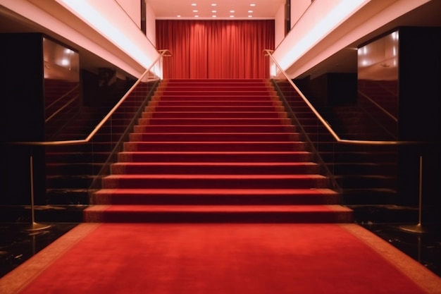 Wewnętrzna scena schodów hotelowych pokryta generatywną sztuczną inteligencją z czerwonego dywanu