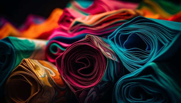 Wibrujące jedwabne tkaniny w kolorowym stosie generowanym przez sztuczną inteligencję