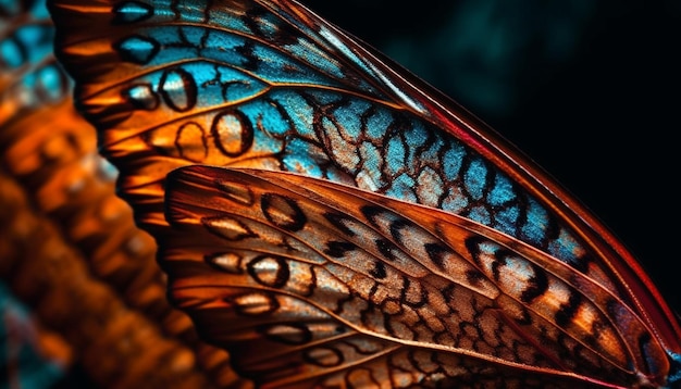 Bezpłatne zdjęcie wibrujące skrzydło motyla ukazuje delikatne piękno natury generowane przez sztuczną inteligencję