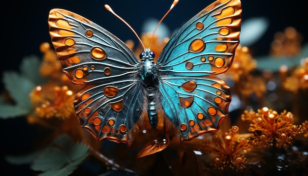 Bezpłatne zdjęcie wibrujące skrzydło motyla ukazuje piękno natury i elegancję generowane przez sztuczną inteligencję