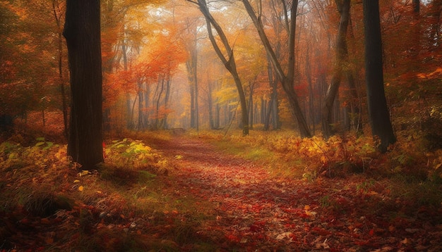 Wibrujący jesienny las tajemnicza mgła spokojna ścieżka upiorna scena dzikiej przyrody generowana przez sztuczną inteligencję