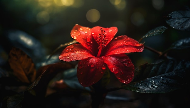 Wibrujący kwiat hibiskusa mokry od kropli rosy generowanych przez sztuczną inteligencję