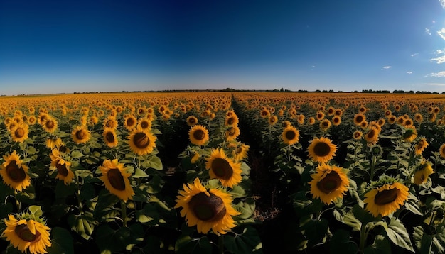 Bezpłatne zdjęcie wibrujący kwiat słonecznika w idyllicznym krajobrazie łąki wygenerowanym przez sztuczną inteligencję