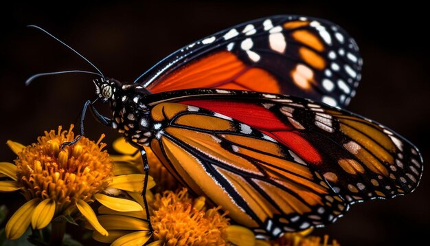 Wibrujący motyl monarcha delikatnie zapyla żółty kwiat generowany przez sztuczną inteligencję