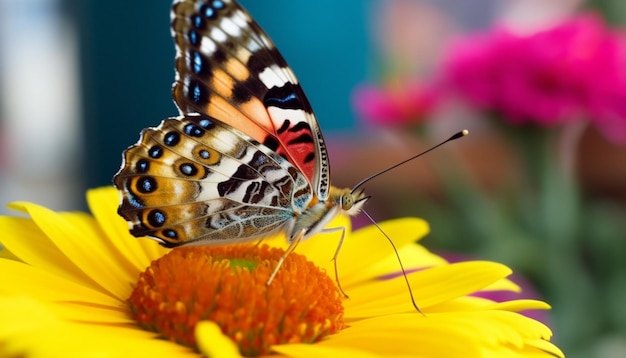 Bezpłatne zdjęcie wibrujący motyl zapyla pojedynczy kwiat w spokojnej łące generowanej przez sztuczną inteligencję