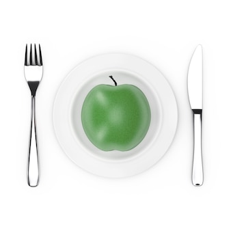 Widelec i nóż w pobliżu talerza ze świeżym zielonym jabłkiem, widok z góry na białym tle. renderowanie 3d