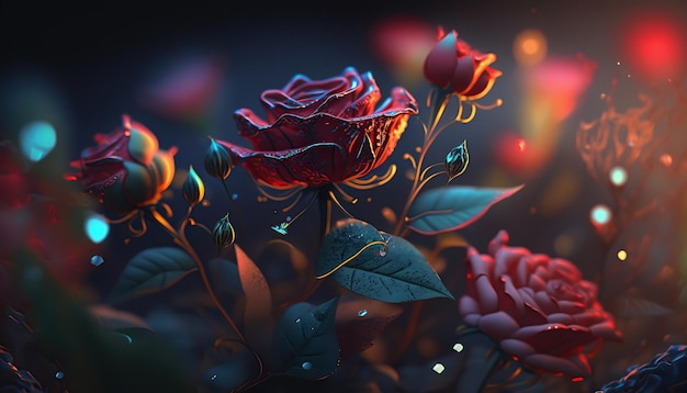 Widmowe światło oświetla przezroczyste czerwone czerwone róże abstrakcyjne kwiatowe sztuki generatywne ai