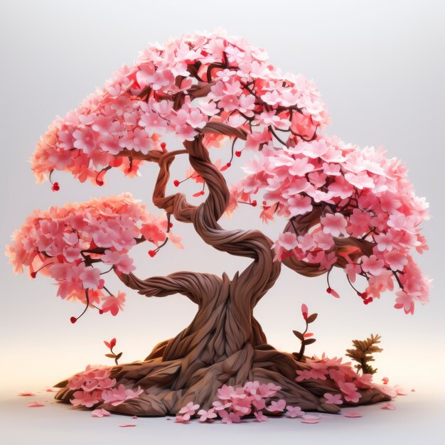 Widok 3d drzewa z pięknymi gałęziami i różowymi liśćmi