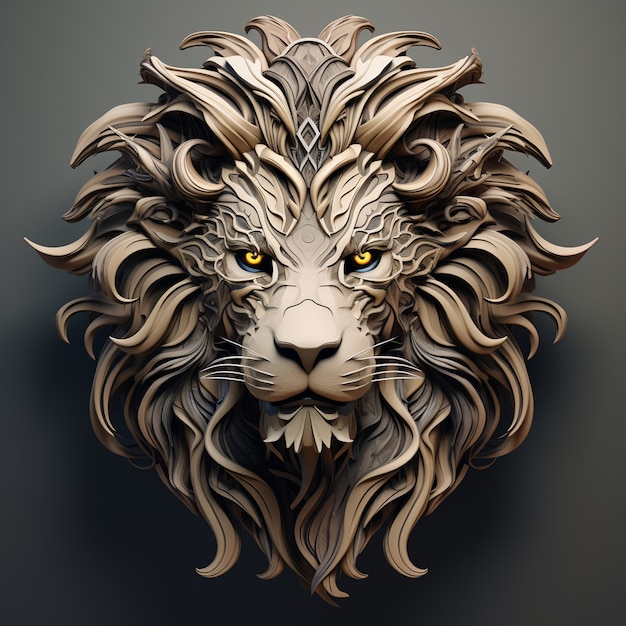 Widok 3D dzikiej głowy lwa z grzywą