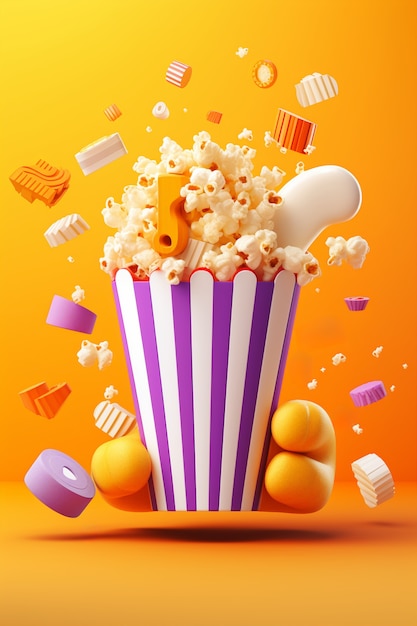 Widok 3d filiżanki popcornu kinowego