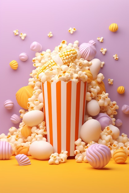 Widok 3d filiżanki popcornu kinowego