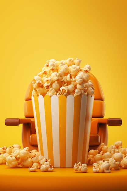 Bezpłatne zdjęcie widok 3d filiżanki popcornu z siedzeniem kinowym
