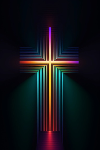 Bezpłatne zdjęcie widok 3d jasnego neonowego krzyża religijnego