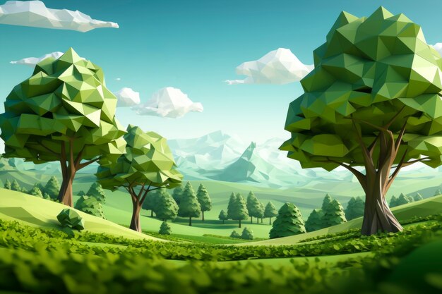 Widok 3d krajobrazu leśnego z górami i niebem
