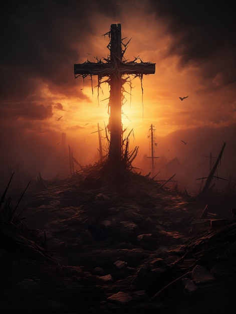 Widok 3d krzyża religijnego z apokaliptyczną scenerią