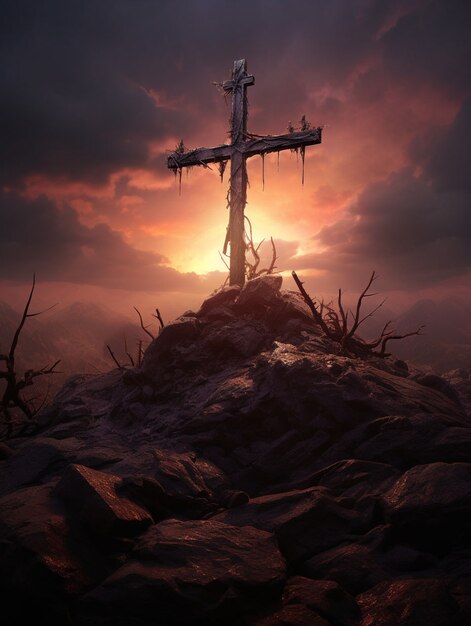 Widok 3d krzyża religijnego z apokaliptyczną scenerią