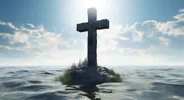 Bezpłatne zdjęcie widok 3d krzyża religijnego z morzem