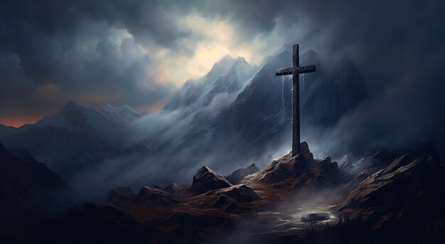 Widok 3d krzyża religijnego z ponurą pogodą