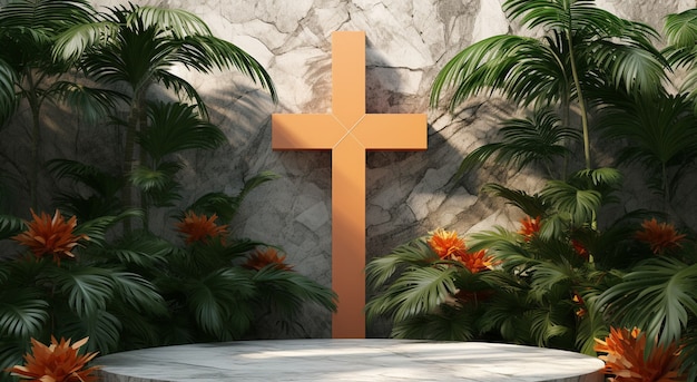 Bezpłatne zdjęcie widok 3d krzyża religijnego z roślinnością