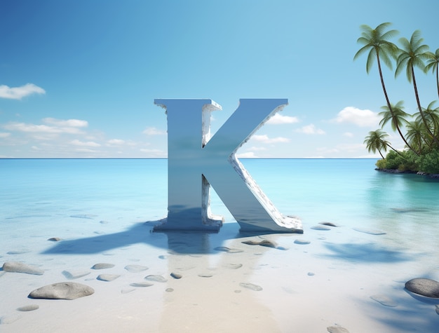 Bezpłatne zdjęcie widok 3d litery k z krajobrazem plaży