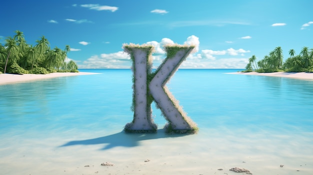 Widok 3d litery k z krajobrazem plaży