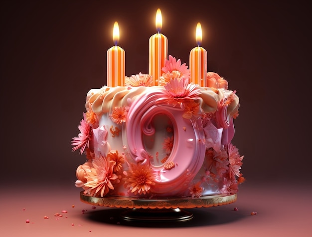 Widok 3D na pyszne ciasto z zapalonymi świeczkami