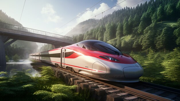 Widok 3D nowoczesnego pociągu w scenerii przyrody
