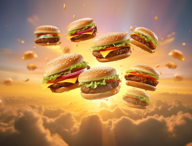 Widok 3d pływającego burgera z niebem