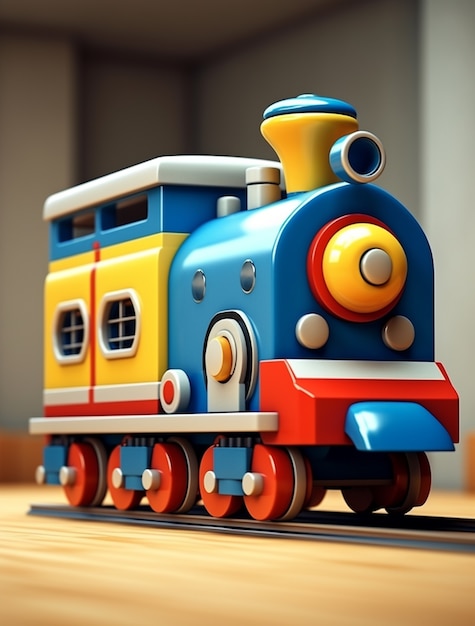 Widok 3D przypominającego zabawkę pociągu parowego