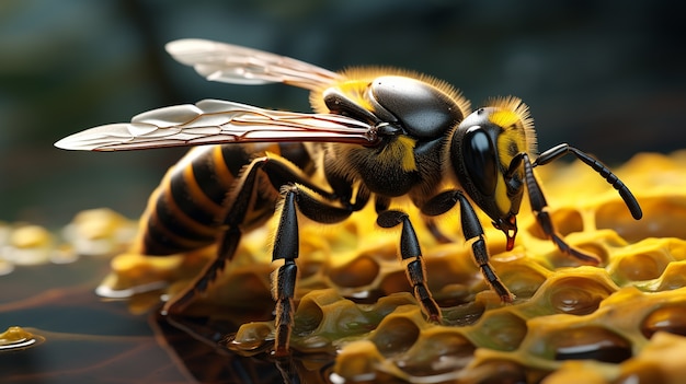 Widok 3d pszczoły na plastrze miodu